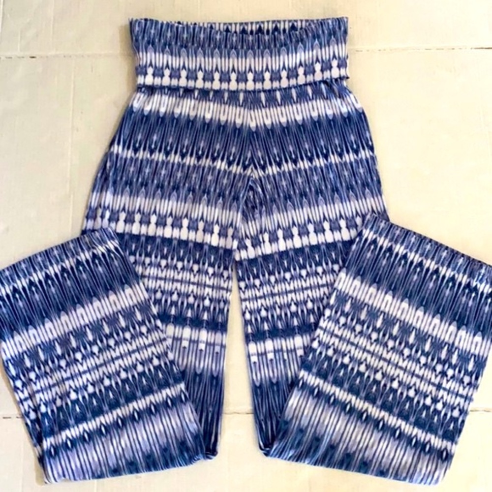 Cynthia Rowley Women Blue/White  Wide-Leg Stretchy Pants with Fold-over Waist